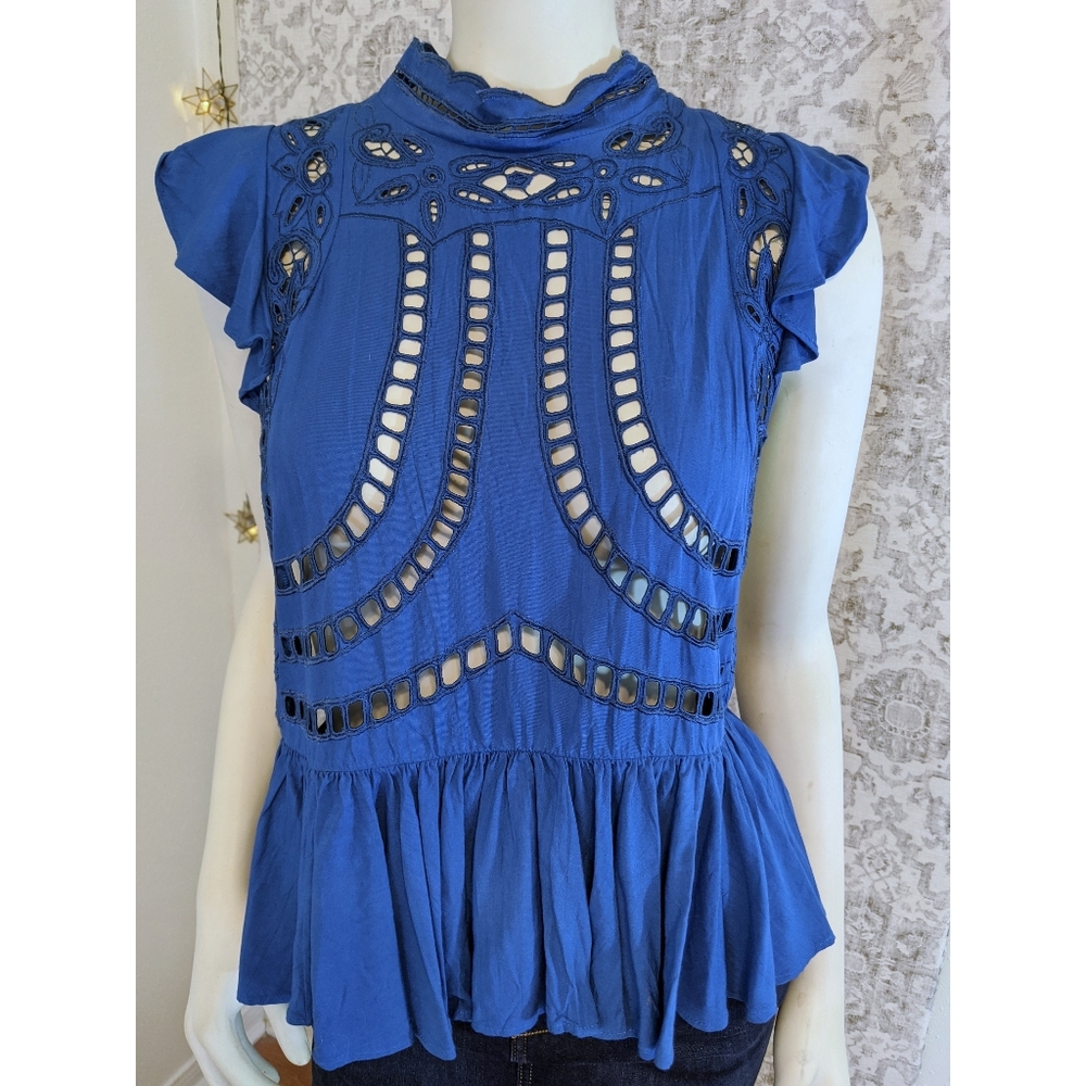 Free People Royal Blue Embroidered Floral Tank Cotton Eyelet Lace Whimsical sz L